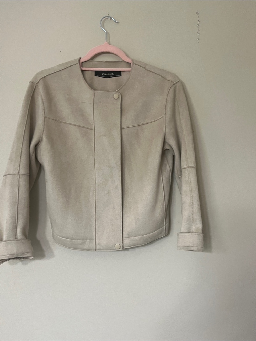 Zara Beige Collarless Suede-Look Jacket